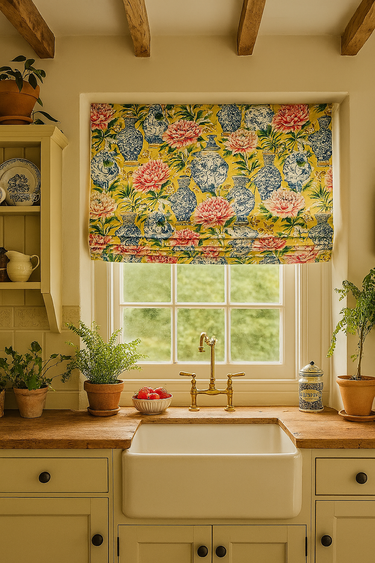 Rustic French country decor with Ming vase patterned window treatments
